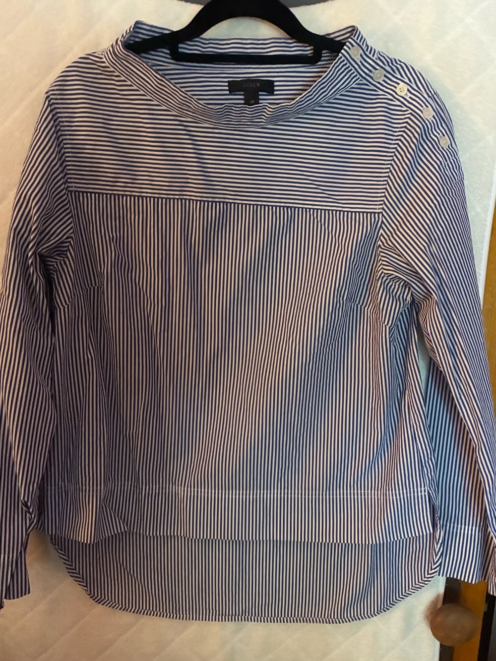 J. Crew Navy and White Striped Shirt with Label Detail